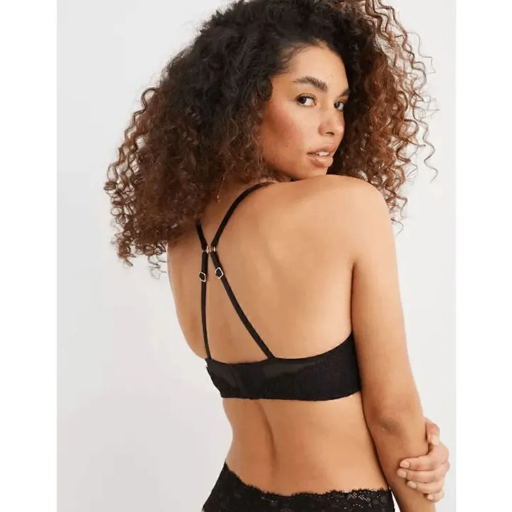Aerie True Black Show Off Eyelash Lace Plunge Push Up Bra 32B NWT